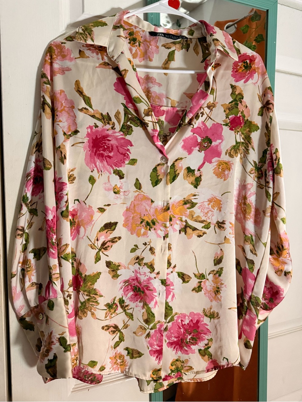 Zara Cream Blouse with Pink and Green Floral Print